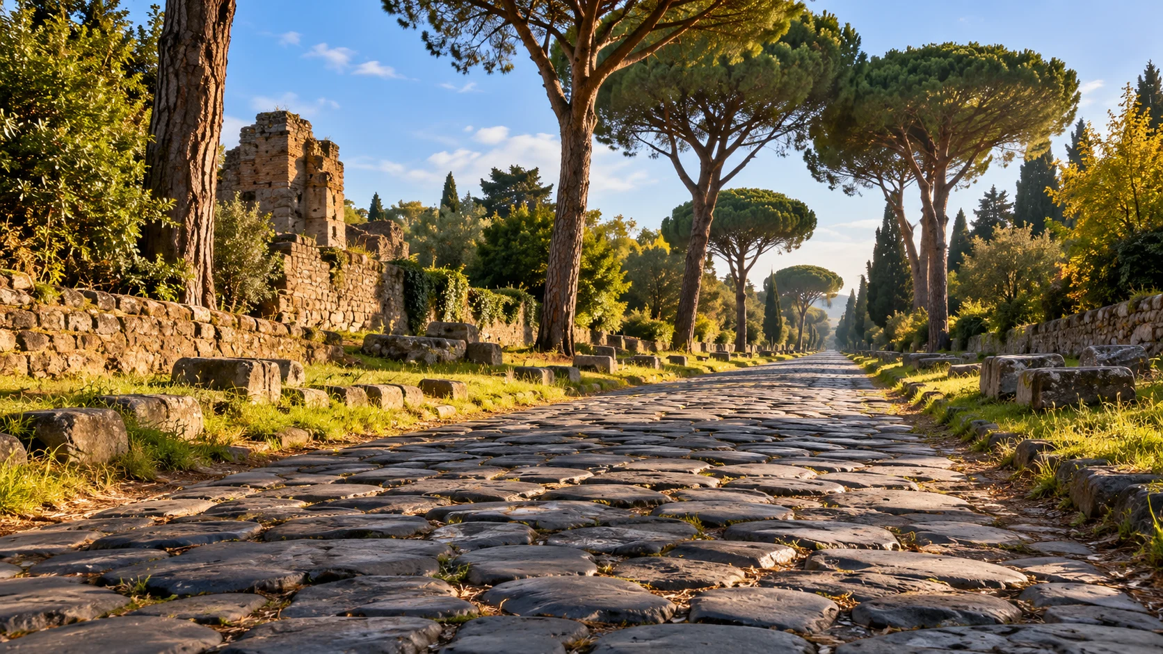Illustrazione dell’Appia Antica con basolato romano, pini e resti archeologici nella luce del mattino.